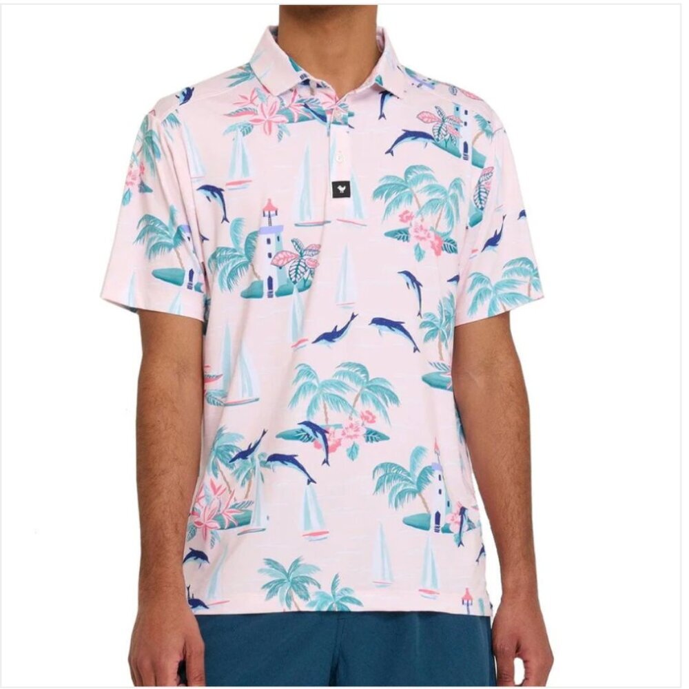 Bad Birdie Golf Marino Polo Shirt Men's XL Pink Tropical Island Dolphin Preppy